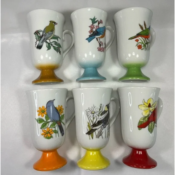 SET 6 Vintage Fred Roberts Song Bird Footed Mugs MCM - Picture 4 of 9